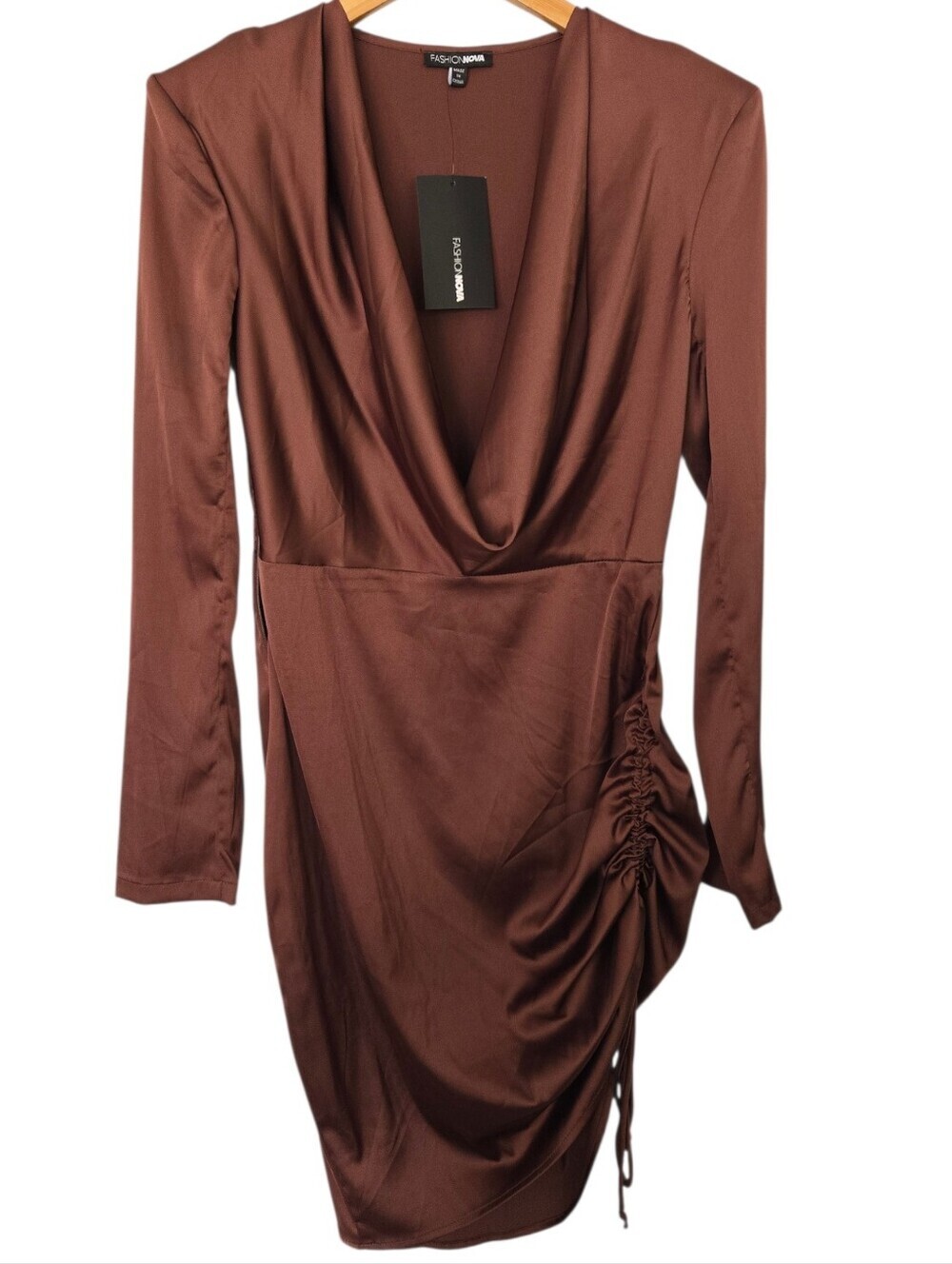 ✨ NWT Fashion Nova Spark The Passion Mini Dress - Chocolate Brown Ruched Satin B - Picture 2 of 7